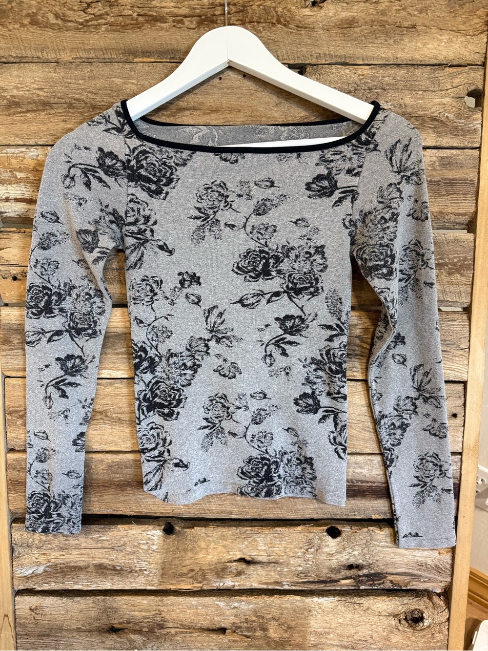 Free People Gray Long-Sleeve Boatneck Top with Black Floral Print